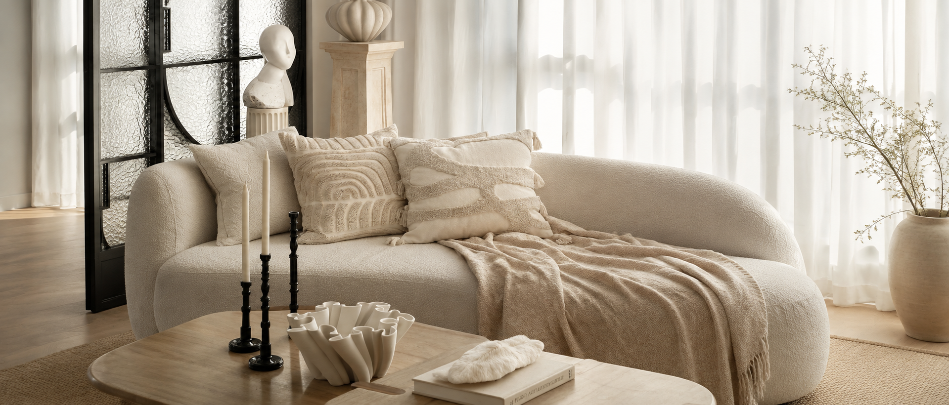 Relaxed living space with layered soft furnishings