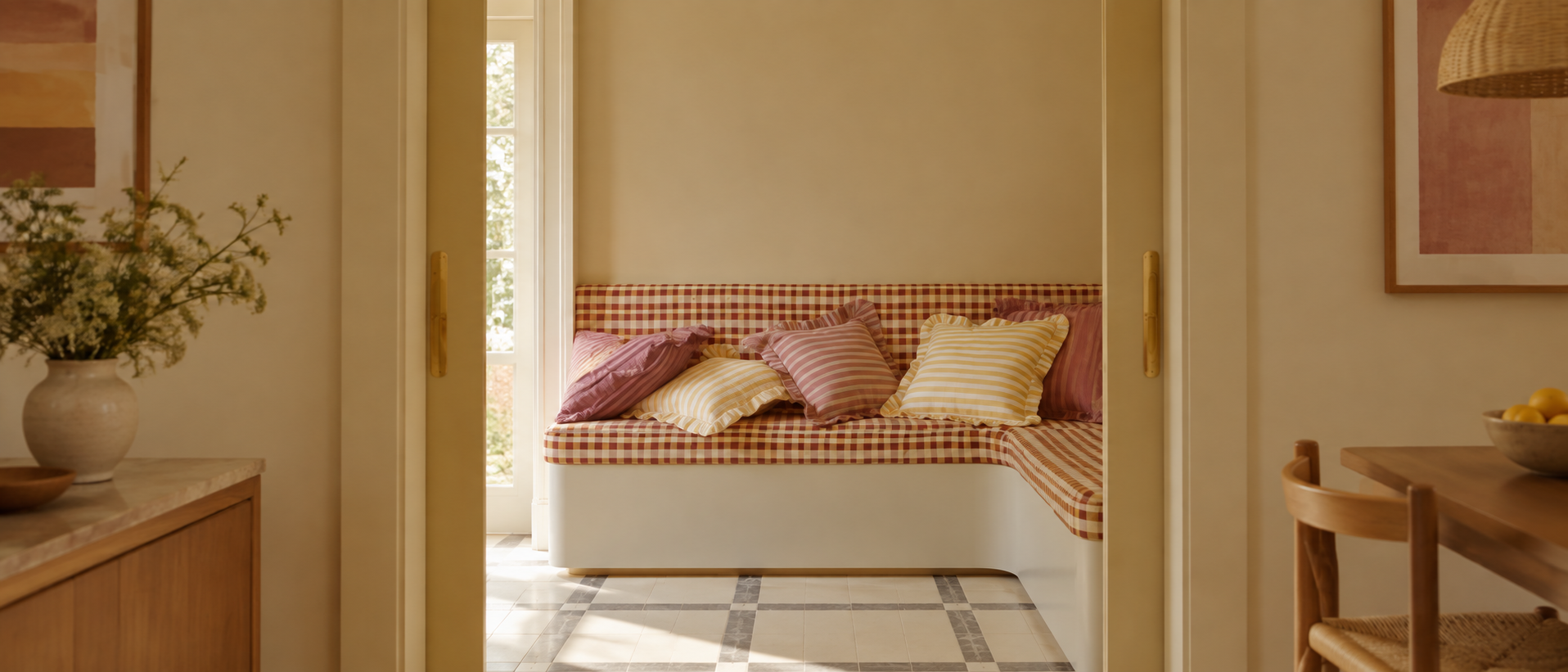 Soft blankets and cushions styled in a warm everyday interior