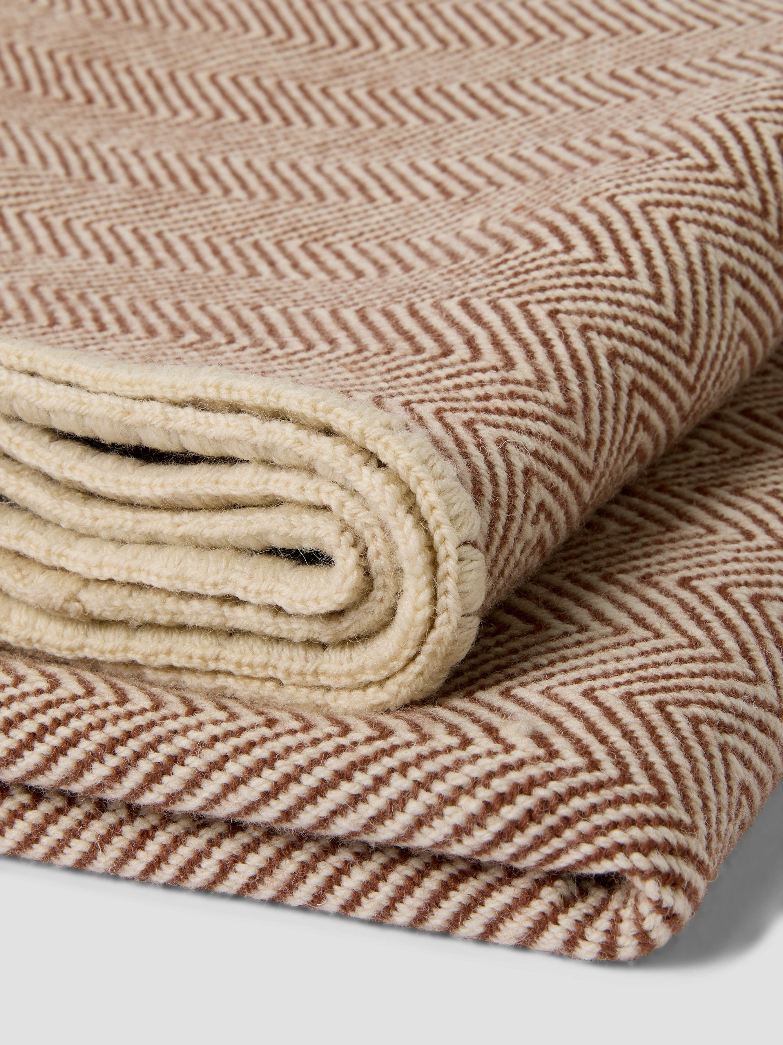 Mocha Herringbone Wool Blanket - Cream Zigzag Weave - Image 2