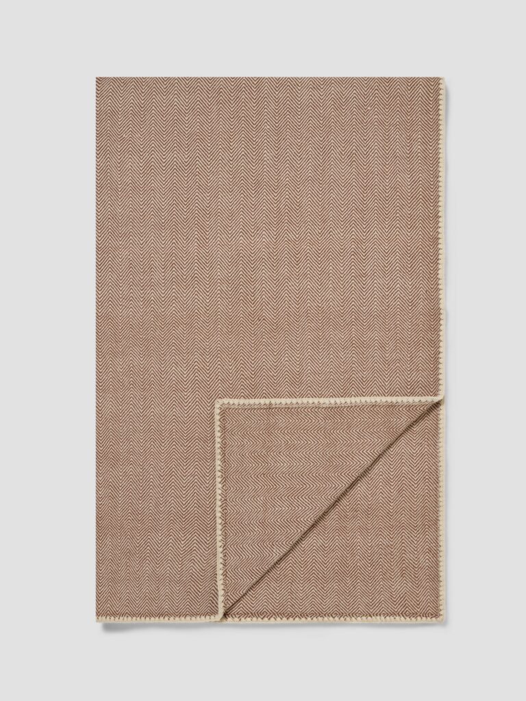 Mocha Herringbone Wool Blanket - Cream Zigzag Weave