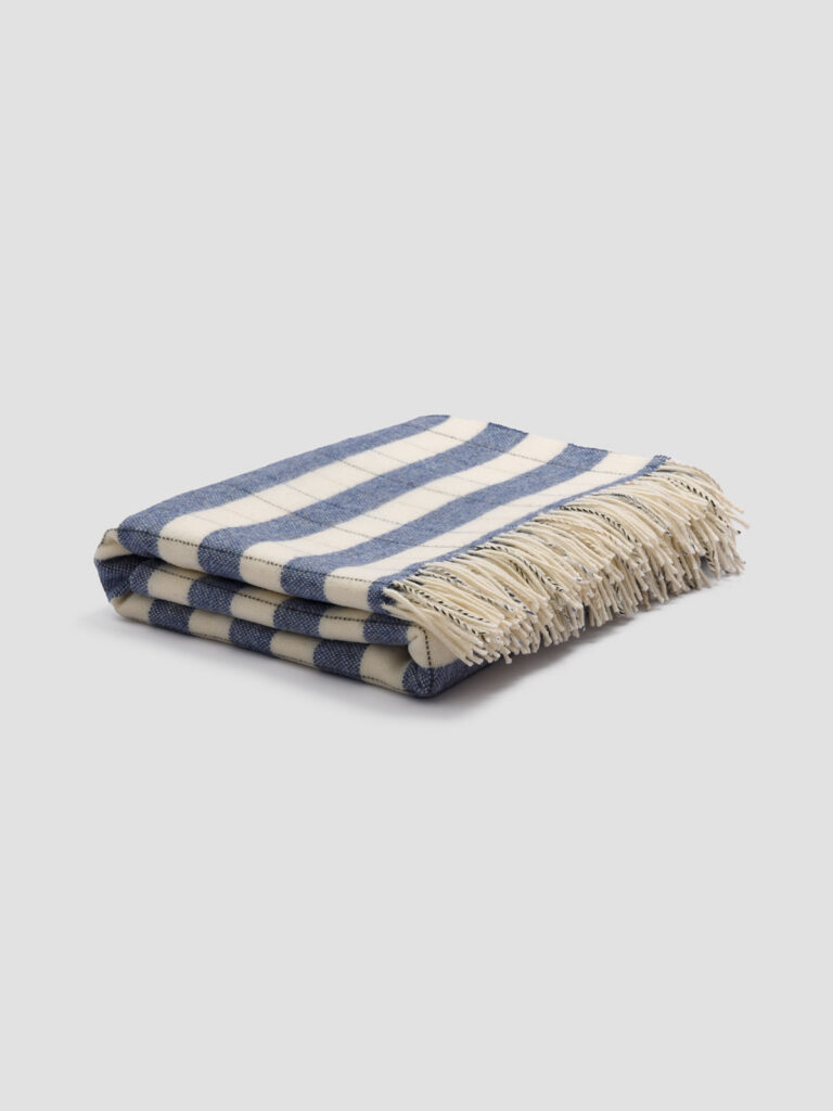 Warm Blue Checked Wool Blanket - Textured Stripe