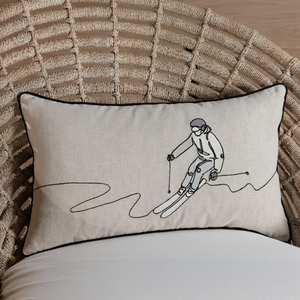Skier Linen Embroidered Throw Pillow