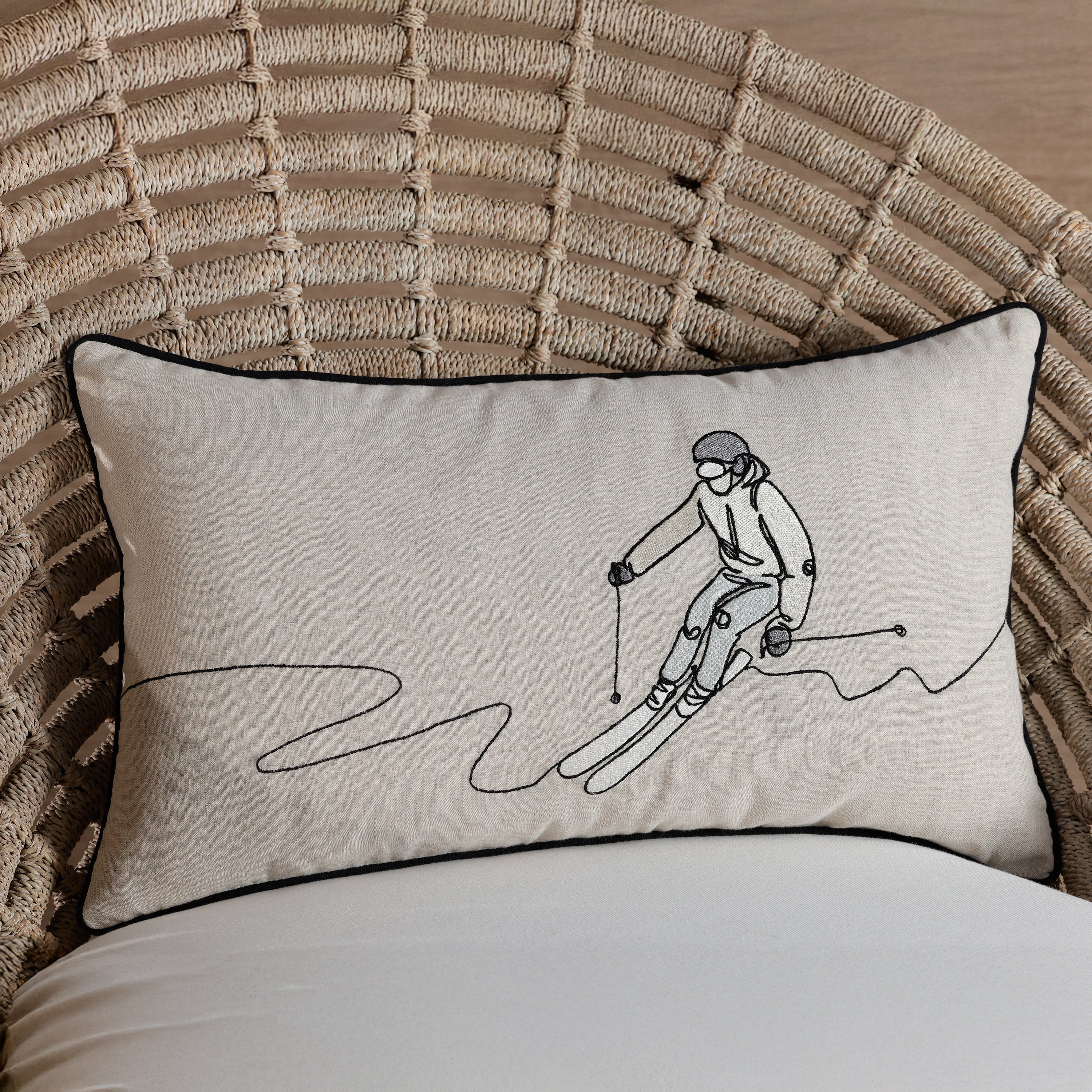 Skier Linen Embroidered Throw Pillow